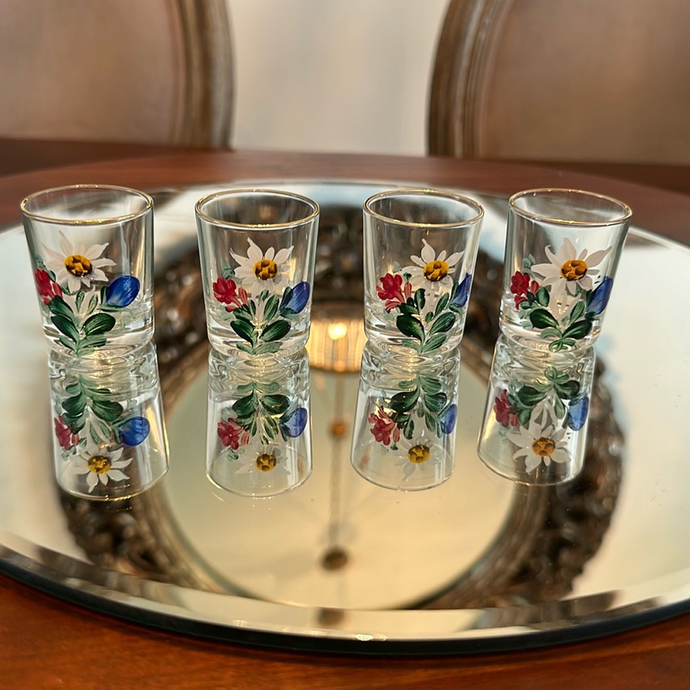 Set of 4 Hand Painted Glass Shot Glasses Made in France